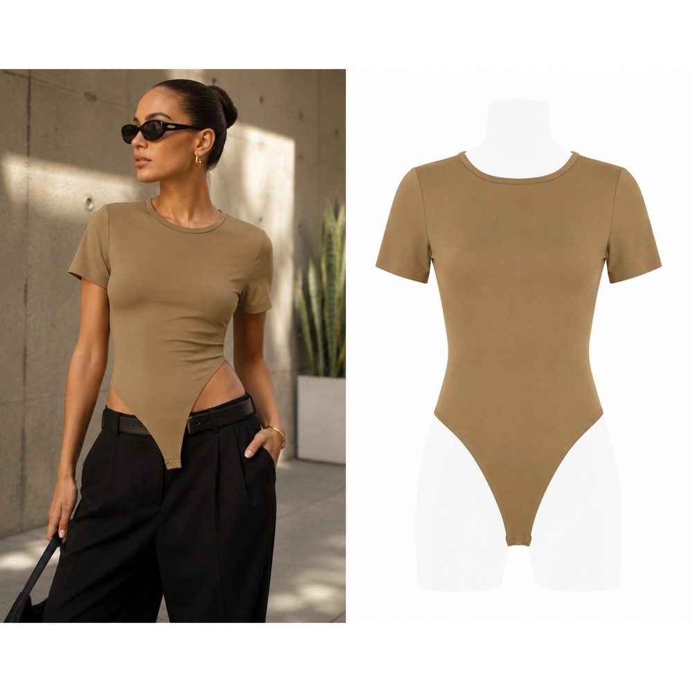 Good American Scuba Short Sleeve Bodysuit Tan Khaki Sz 8 Crew Neck Snap Closure